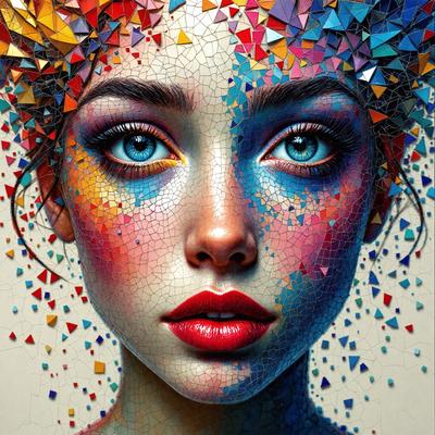 The primary subject of the image is a woman with a colorful and artistic appearance. She has a mix of blue, pink, and yellow colors on her face, and her eyes are painted with blue and purple shades. The setting is a colorful mosaic background, which adds to the vibrant and artistic atmosphere of the scene. The visual style of the image is a combination of digital art and illustration, creating a unique and eye-catching portrait. The overall mood of the image is lively